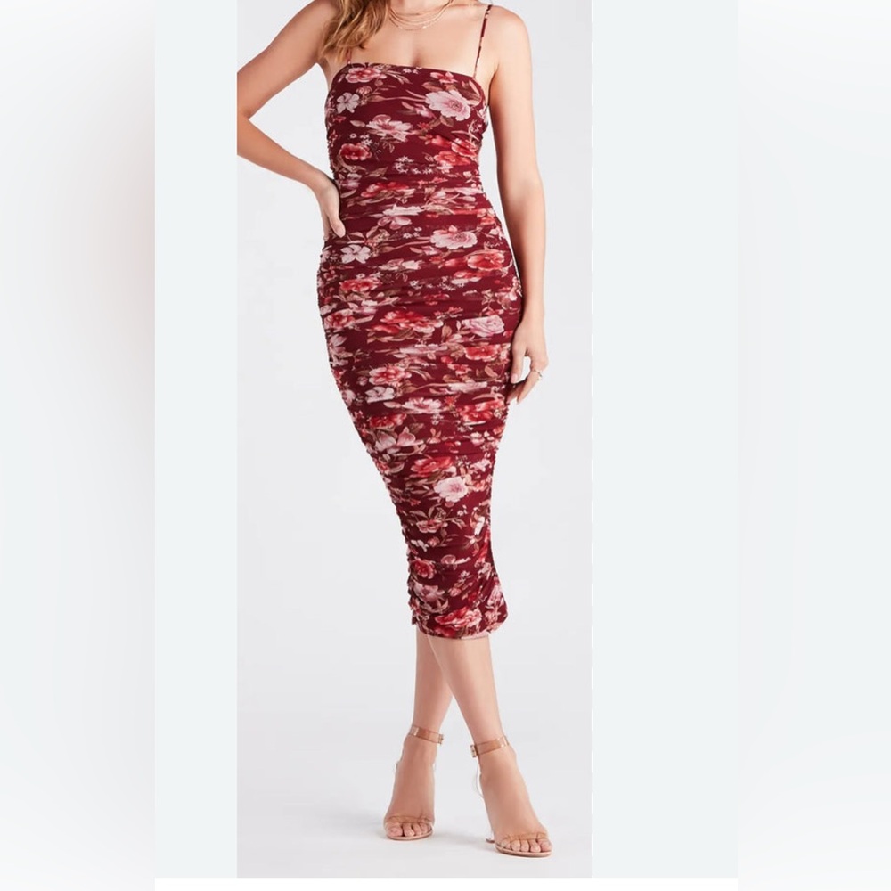 Hello Molly Burgundy Mesh Corset Floral Midi Dress